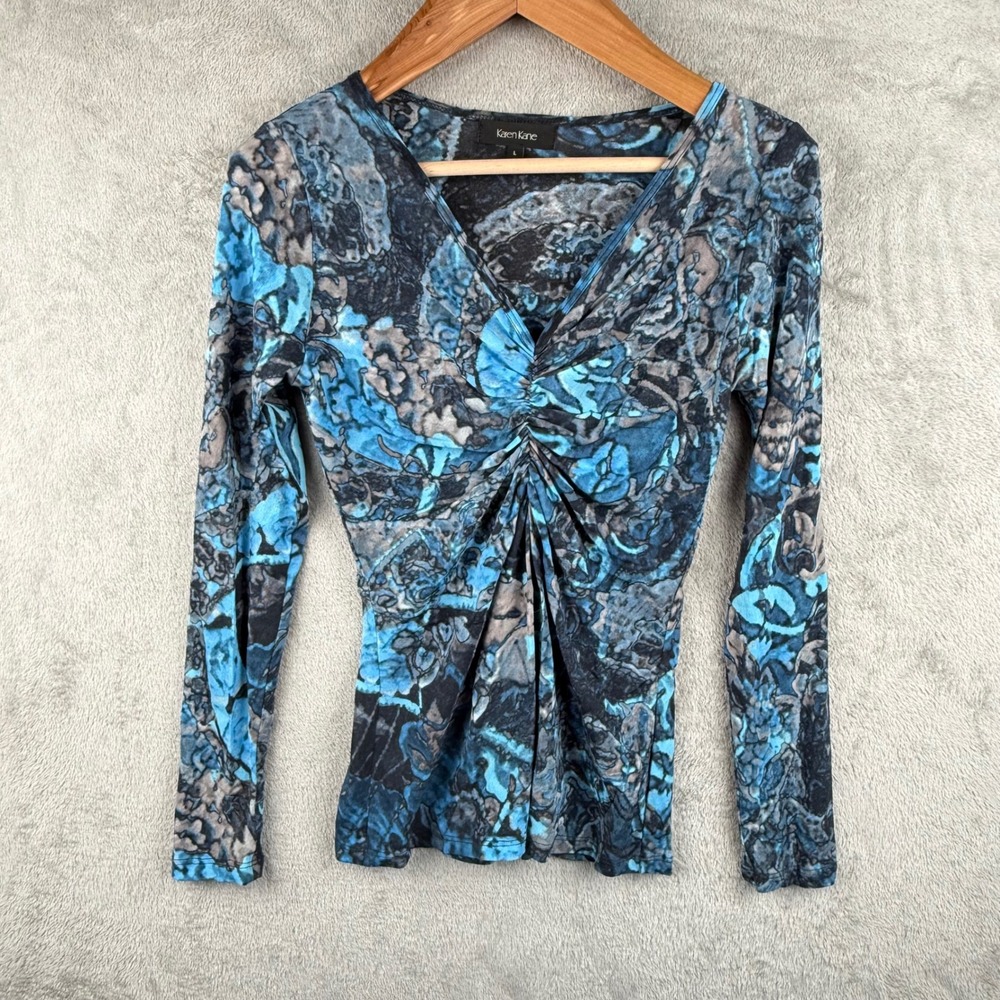 Karen Kane Y2K Abstract Print Ruched Top Womens L Blue Dark Floral Whimsigoth